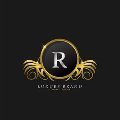 Letter R Golden Circle Shield Luxury Brand Logo, vector design concept for initial, luxury business, hotel, wedding service, boutique, decoration and more brands.