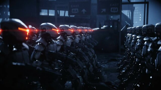 walking military robots. invasion of military robots. Dramatic apocalypse super realistic concept. Future. 4k animation.
