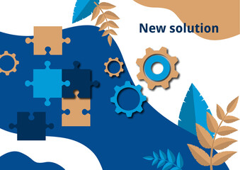Obraz premium Part of the puzzle and gears on the background with leaves. The concept of teamwork, collaboration, finding a solution. Vector illustration
