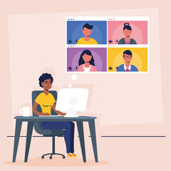 afro woman using desktop in virtual conference communication