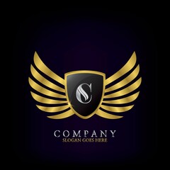 Golden Wing Shield Luxury Initial Letter C logo design concept.