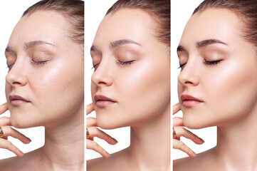 Collage of young sensual woman applying make-up by steps.