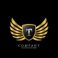 Golden Wing Shield Luxury Initial Letter T logo design concept.