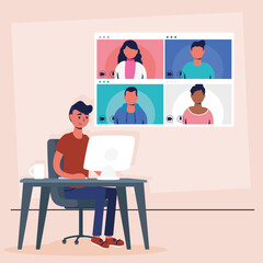 man using desktop in virtual conference communication