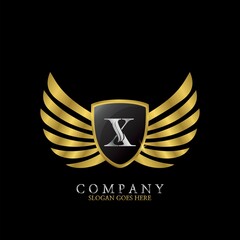 Golden Wing Shield Luxury Initial Letter X logo design concept.