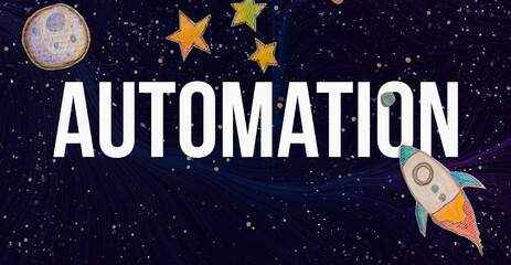 Automation theme with space background with a rocket, moon, and stars