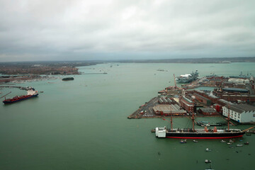 Portsmouth Harbour aerial view by rainy day, England