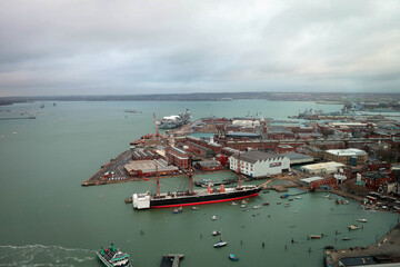 Portsmouth Harbour aerial view by rainy day, England