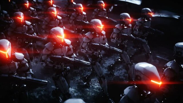 walking military robots. invasion of military robots. Dramatic apocalypse super realistic concept. Future. 4k animation.