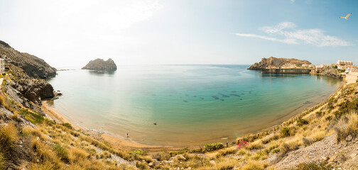Fototapeta premium Panoramic view of Isla del Fraile and Playa del hornillo in Aguilas, Murcia, Spain