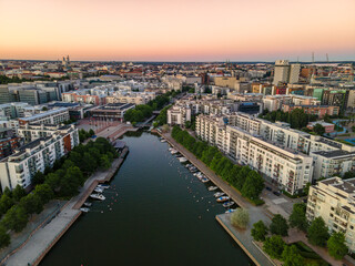 Aerial view of Helsinki city Finland. Sunset Sky and colorful buildings.	