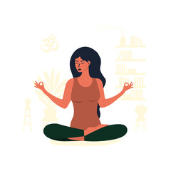 Flat vector cartoon illustration of a woman doing yoga at home. Home activities. The concept of a healthy lifestyle through yoga. Motivational design for a poster or banner