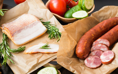 Bacon with Rosemary, Smoked Sausage and Vegetables. Unhealthy Food