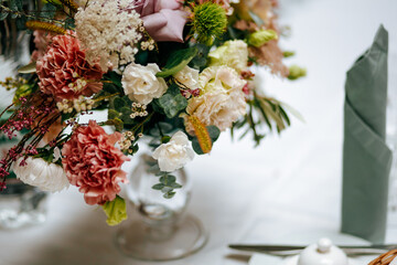 Beautiful bouquet made of various flowers for festive table