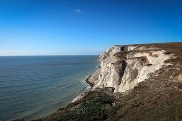 White chalk cliffs view near Freshwater Bay, Isle of Wight, England