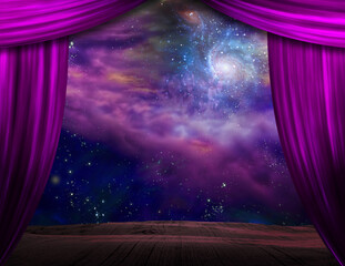 Starry sky behind the purple stage curtains © rolffimages