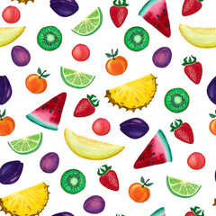Seamless pattern with summer fruits on a white background