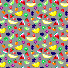 Seamless pattern with summer fruits on a gray background