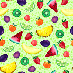 Seamless pattern with summer fruits on a green background