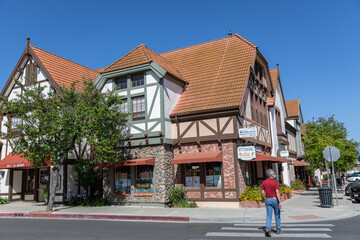 SOLVANG, CA / USA - JUNE 17, 2020: Streets and public buildings of Solvang which is a city in southern California's Santa Ynez Valley. It's known for its Danish-style architecture and many wineries.