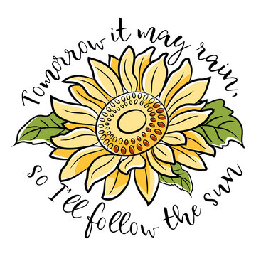 Sunflower Design with Sunshine Quote. Beautiful, motivational, inspirational, and cute sunflower quote full of love.  Hand drawn illustration in flat cartoon style on isolated background.