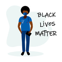 Black liver matter.A black doctor in a mask with a stethoscope in a medical uniform. Vector illustration on an isolated white background Flat style.