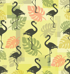 Tropical background. Flamingo silhouette, monstera leaves, geometric shapes. Seamless pattern. Vector bird silhouettes. 
