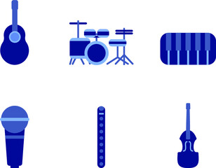 blue set of musical instruments : guitar, drums, piano, microphone, pipe, violin