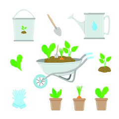 Garden cart with soil for planting plants, watering can, water bucket, new plant.