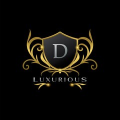 Golden Letter D Luxurious Shield Logo, vector design concept for luxuries business identity
