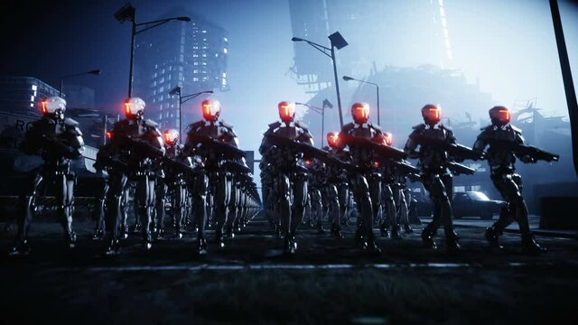 walking military robots. invasion of military robots. Dramatic apocalypse super realistic concept. Future. 4k animation.