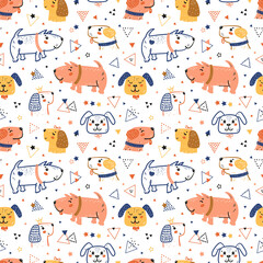 Obraz na płótnie Canvas Childish Seamless Pattern with Happy Cute Dogs, Triangles and Stars. Doodle Cartoon Funny Puppies Geometric Vector Background for Kids. Abstract Wallpaper with Pet Animals for Baby Fashion