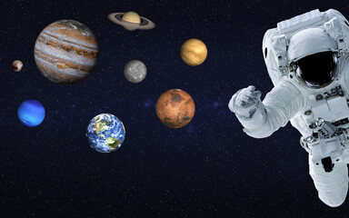 Astronaut near Planets of solar system together in space. Earth, Mars, Venus, Mercury, Saturn, Jupiter, Neptune, Pluto. 3D render wallpaper. Elements of this image were furnished by NASA © ALEXANDR YURTCHENKO