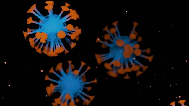 close-up coronavirus type covid-19, h1n1, bird flu or swine flu move smoothly in fluid 3d representation of virus as microbiological microscopic looped background. Orange blue gradient