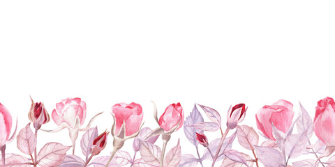 Seamless border of rose bud and leaves, drawn with watercolor in a very soft, almost monochrome, color range, Great for visit cards, romantic notes and decoration. 