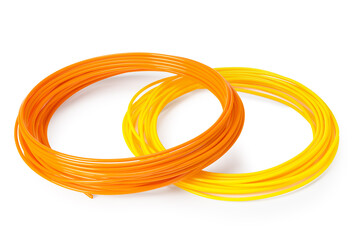Orange and yellow filament 3d printer isolated on white background