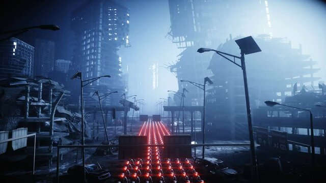 walking military robots. invasion of military robots. Dramatic apocalypse super realistic concept. Future. 4k animation.