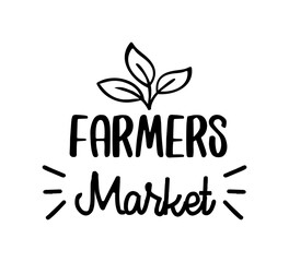 Farmers market hand drawn doodles badges, logo, icon, label. Vector brush lettering typography - farmers market on a white background. Farm market natural organic product brand sign symbol.