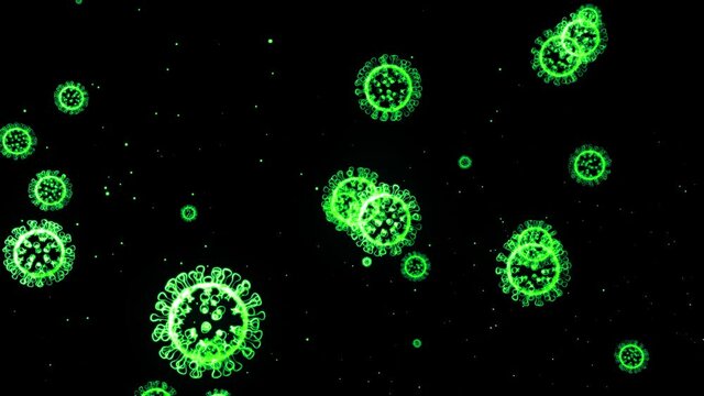 green glowing holographic image of coronavirus like covid-19 virus or influenza virus flies in air or float smoothly on black background. 3D animation in 4k looped. For informational presentation.
