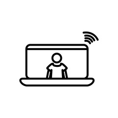 laptop computer with pictogram man on screen and wifi signal icon, line style