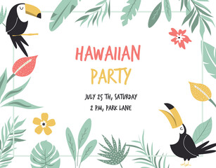 Hawaiian card with toucans, flowers and palm leaves. Invitation template, banner, card, poster, flyer - obrazy, fototapety, plakaty
