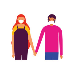 Woman and man couple with medical mask vector design