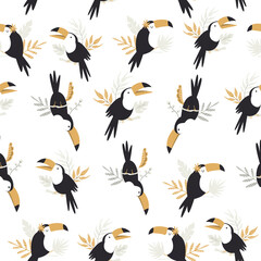Seamless pattern with tropical toucan birds and palm leaves. Abstract design for textile, wrapping paper, decorations