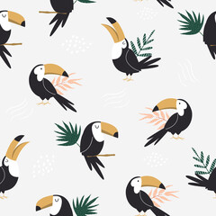 Seamless pattern with tropical toucan birds and palm leaves. Abstract design for textile, wrapping paper, decorations