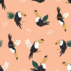 Seamless pattern with tropical toucan birds and palm leaves. Abstract design for textile, wrapping paper, decorations