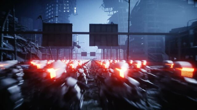 walking military robots. invasion of military robots. Dramatic apocalypse super realistic concept. Future. 4k animation.