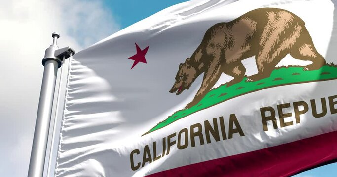 California flag on a flagpole waving in the wind in the sky. Wonderful intro for yor projects. State of California in The United States of America. Sacramento.