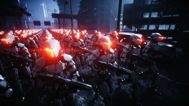 walking military robots. invasion of military robots. Dramatic apocalypse super realistic concept. Future. 4k animation.