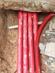 KUALA LUMPUR, MALAYSIA -APRIL 06, 2019: HDPE conduit pipe power conduit installed inside the ground...