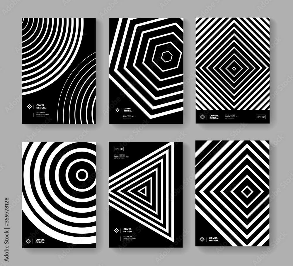Poster abstract geometric shapes poster template set. modern monochrome pattern vector design. trendy minim